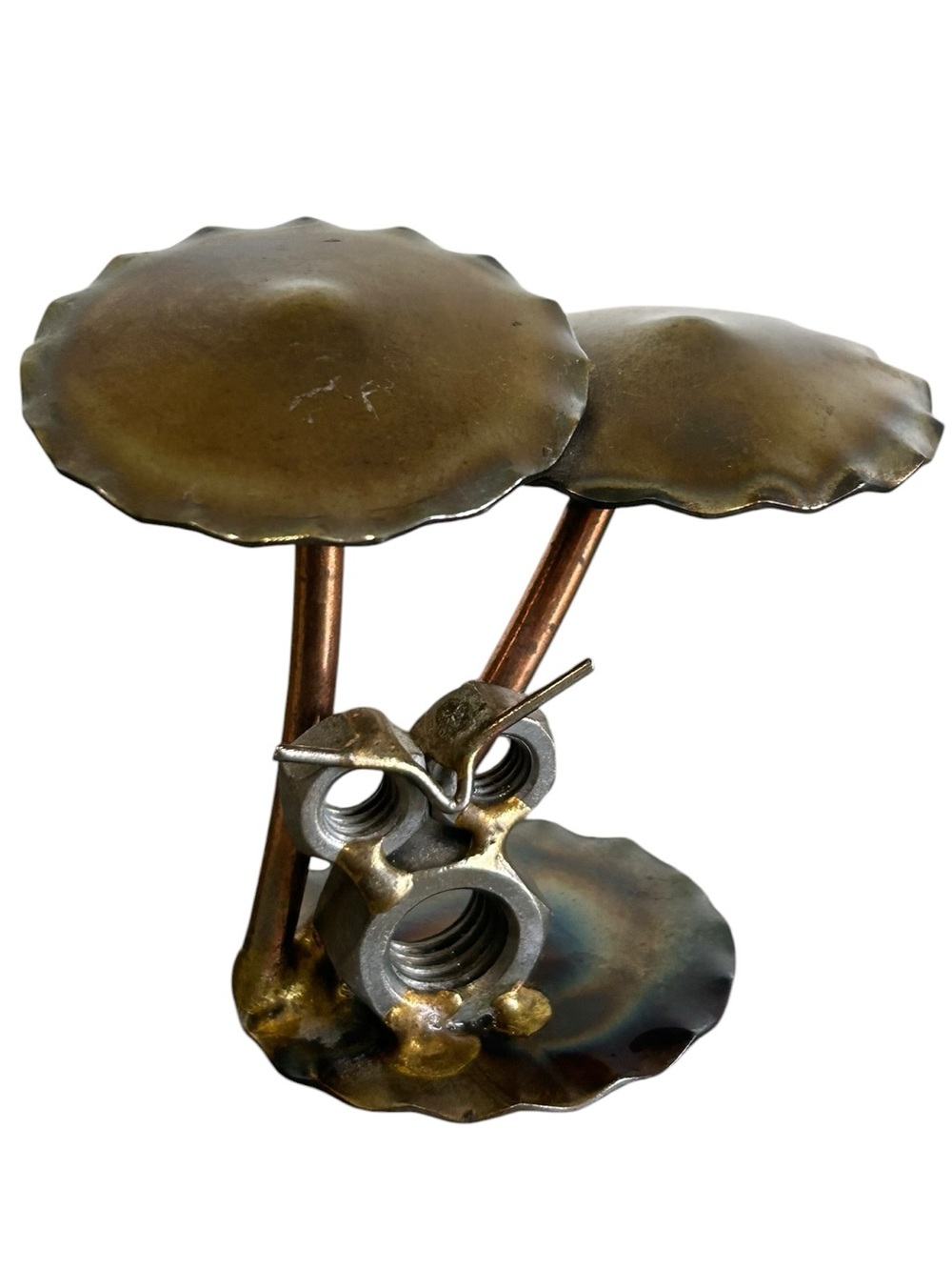 Vintage Brutalist Metal Owl & Mushroom Sculpture – Hand Welded Art